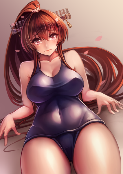 Anime picture 1500x2115 with kantai collection yamato super battleship hrtyuk single tall image looking at viewer blush breasts light erotic brown hair sitting bare shoulders ponytail very long hair pink eyes hair flower girl navel hair ornament flower (flowers)