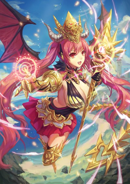 Anime picture 2894x4093 with original atdan single long hair tall image highres breasts open mouth light erotic red eyes large breasts twintails pink hair horn (horns) flying girl gloves wings staff