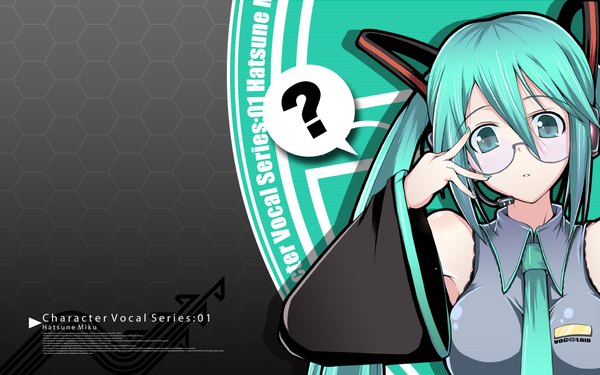 Anime picture 1920x1200 with vocaloid hatsune miku satofuji masato single long hair looking at viewer highres wide image twintails nail polish aqua eyes aqua hair wallpaper dark background ? girl detached sleeves glasses necktie speech bubble