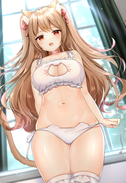 Anime picture 551x800 with original katsushika pachi single long hair tall image blush fringe breasts open mouth light erotic red eyes brown hair large breasts bare shoulders animal ears payot indoors tail animal tail sunlight