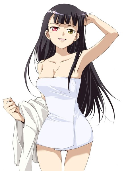 Anime picture 1024x1385 with strike witches sakamoto mio agahari long hair tall image looking at viewer fringe open mouth light erotic black hair simple background smile white background armpit (armpits) heterochromia ass visible through thighs hand on head naked towel girl towel