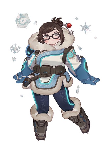 Anime picture 902x1276 with overwatch blizzard entertainment mei (overwatch) snowball (overwatch) gwayo single tall image blush short hair simple background smile brown hair white background full body black eyes hair bun (hair buns) fur trim girl gloves glasses