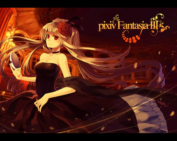 Anime picture 1280x1024 with original pixiv fantasia pixiv fantasia iii yashiro seika single red eyes brown hair bare shoulders very long hair hair flower copyright name letterboxed girl dress flower (flowers) choker black dress strapless dress