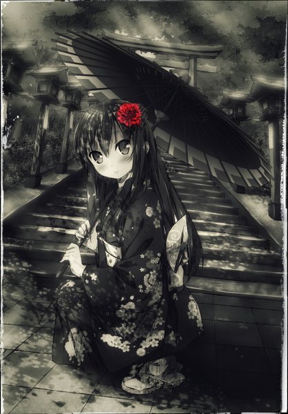 Anime picture 1500x2152 with original kuro neko (yxmikan) single long hair tall image looking at viewer blush fringe smile hair between eyes holding bent knee (knees) outdoors long sleeves traditional clothes head tilt japanese clothes hair flower sunlight wide sleeves