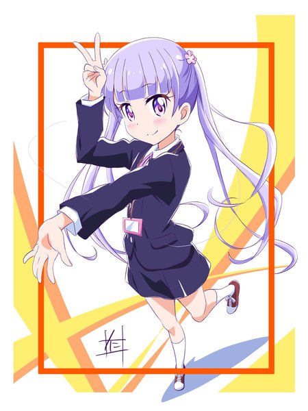 Anime picture 1536x2046 with new game! doga kobo suzukaze aoba nii manabu single long hair tall image looking at viewer blush fringe smile twintails purple eyes purple hair full body blunt bangs border victory formal girl