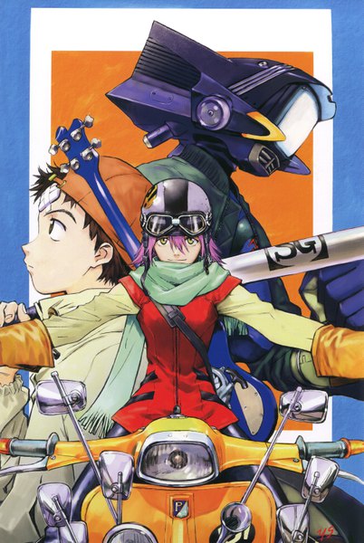 Anime-Bild 4018x6000 mit flcl gainax haruhara haruko nandaba naota canti sadamoto yoshiyuki tall image looking at viewer highres short hair brown eyes yellow eyes looking away pink hair absurdres profile light smile scan bandaid on face scan artifacts