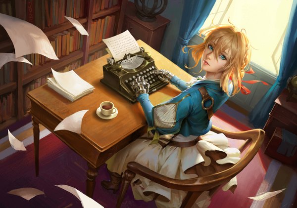 Anime picture 1920x1350 with violet evergarden kyoto animation violet evergarden (character) wenfei ye single looking at viewer fringe highres short hair blue eyes blonde hair hair between eyes sitting indoors braid (braids) parted lips from above wind lips realistic