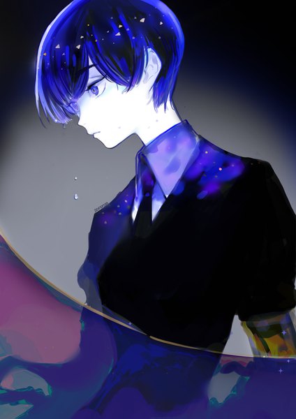 Anime picture 1000x1415 with houseki no kuni phosphophyllite phosphophyllite (ll) saharan single tall image short hair blue eyes simple background blue hair looking away dated white skin androgynous spoilers uniform necktie