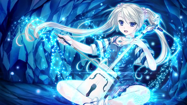 Anime picture 1024x576 with tsukumo no kanade skyfish (studio) single long hair open mouth blue eyes blonde hair wide image sitting game cg magic playing instrument girl pendant musical instrument bow (instrument)