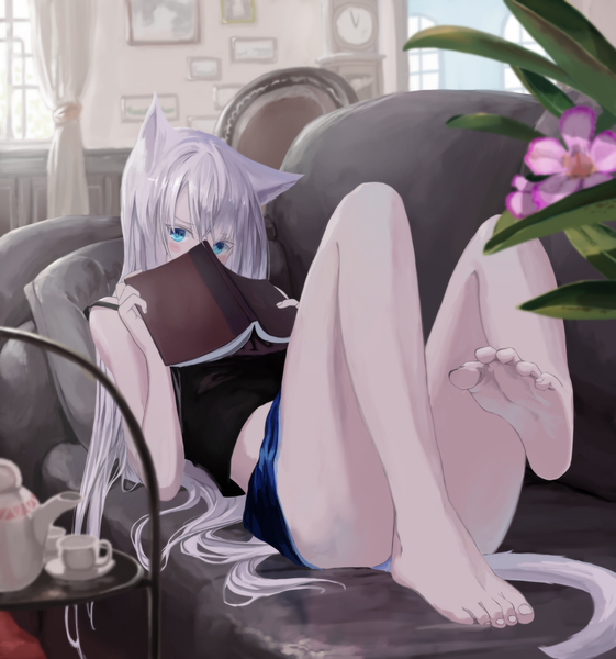 Anime picture 3313x3541 with original mikisai single long hair tall image looking at viewer blush fringe highres blue eyes light erotic hair between eyes animal ears absurdres silver hair full body indoors tail animal tail barefoot