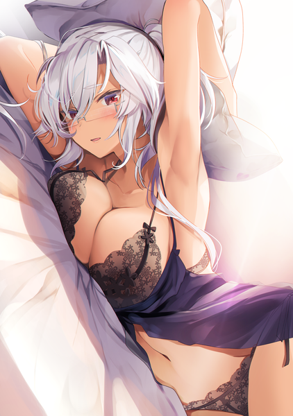 Anime picture 2500x3554 with kantai collection musashi super battleship yuna (yukiyuna) single long hair tall image looking at viewer blush fringe highres breasts open mouth light erotic hair between eyes large breasts silver hair lying arms up armpit (armpits) on side
