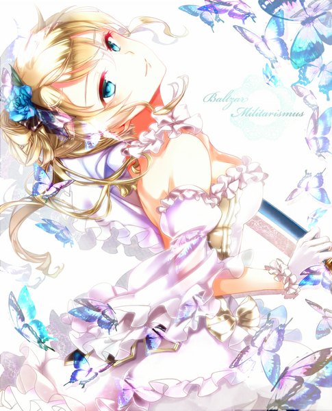 Anime picture 800x990 with gunka no baltzar mikazuki tenma single long hair tall image looking at viewer fringe blue eyes blonde hair smile standing bare shoulders hair flower from above sunlight looking up girl dress gloves hair ornament
