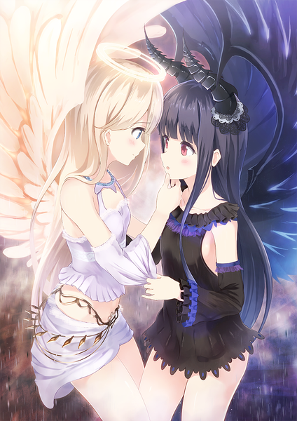 Anime picture 742x1050 with original alc (ex2 lv) long hair tall image blush fringe blue eyes black hair blonde hair smile red eyes bare shoulders multiple girls tail horn (horns) embarrassed rain demon girl angel wings demon tail