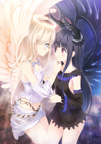 Anime-Bild 742x1050 mit original alc (ex2 lv) long hair tall image blush fringe blue eyes black hair blonde hair smile red eyes bare shoulders multiple girls tail horn (horns) embarrassed rain demon girl demon tail angel wings