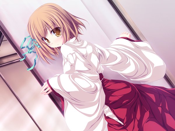 Anime picture 1920x1440 with magus tale whirlpool (studio) amagase koyuki tenmaso single looking at viewer blush highres short hair blonde hair yellow eyes game cg traditional clothes japanese clothes looking back spread arms miko girl ribbon (ribbons) hair ribbon