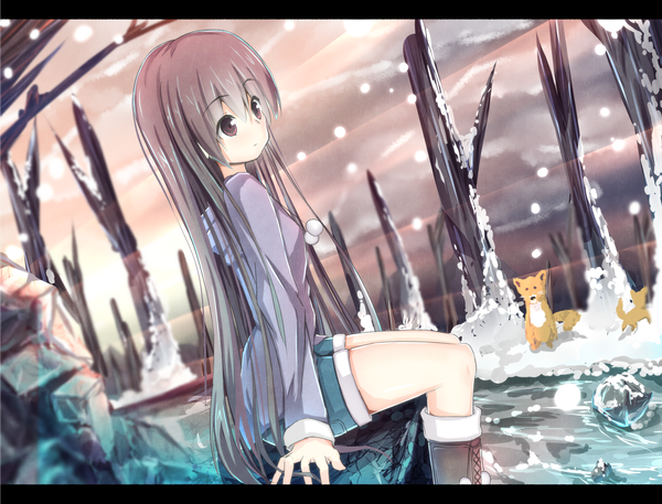 Anime picture 1447x1103 with original shirotaso0818 single long hair brown hair sitting brown eyes dutch angle snowing letterboxed winter snow girl plant (plants) animal tree (trees) shorts boots fox