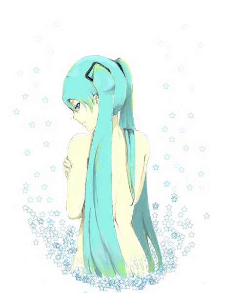 Anime picture 2551x3301 with vocaloid hatsune miku tagme (artist) long hair tall image highres white background twintails looking back aqua eyes aqua hair back girl star (symbol)