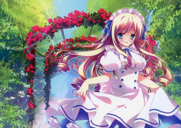 Anime picture 3029x2157 with natsuki coco long hair blush highres blue eyes blonde hair absurdres drill hair girl dress flower (flowers) plant (plants) tree (trees) headdress maid headdress