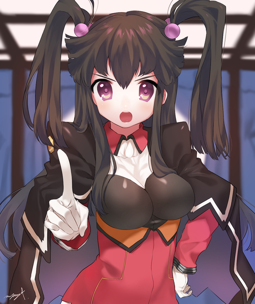 Anime picture 1000x1196 with demonbane hadou ruri myumy single long hair tall image looking at viewer blush fringe breasts open mouth black hair hair between eyes red eyes large breasts standing signed payot upper body indoors