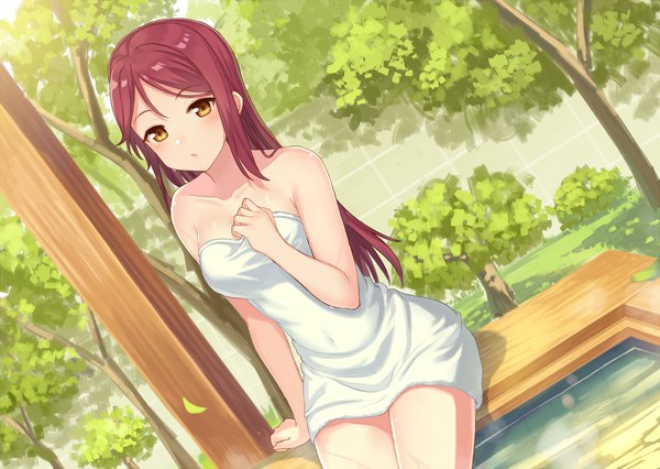 Anime-Bild 2250x1598 mit love live! sunshine!! sunrise (studio) love live! sakurauchi riko hajime kaname single long hair looking at viewer blush highres breasts sitting bare shoulders yellow eyes outdoors red hair arm support bare legs :o naked towel