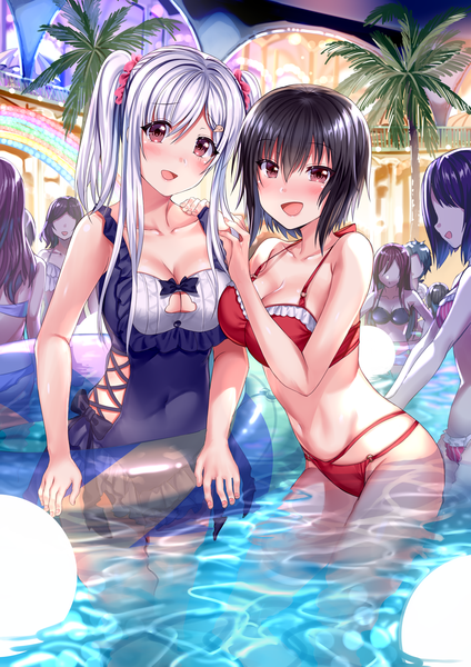 Anime picture 1060x1500 with original neeko neeko's sister arudehido long hair tall image looking at viewer blush fringe short hair breasts open mouth light erotic black hair hair between eyes large breasts standing twintails bare shoulders multiple girls