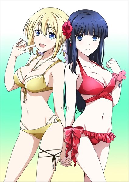Anime picture 720x1017 with mahouka koukou no rettousei shiba miyuki angelina kudou shields long hair tall image looking at viewer blush fringe breasts open mouth blue eyes light erotic black hair simple background blonde hair smile hair between eyes large breasts standing multiple girls