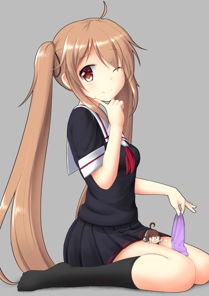 Anime picture 2480x3508 with kantai collection murasame destroyer fairy (kantai collection) long hair tall image highres simple background smile brown hair twintails brown eyes one eye closed wink girl skirt socks black socks sailor suit