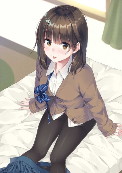 Anime picture 2893x4092 with original unasaka ryou single long hair tall image looking at viewer blush fringe highres breasts light erotic hair between eyes brown hair sitting yellow eyes indoors sleeves past wrists :p skirt pull girl