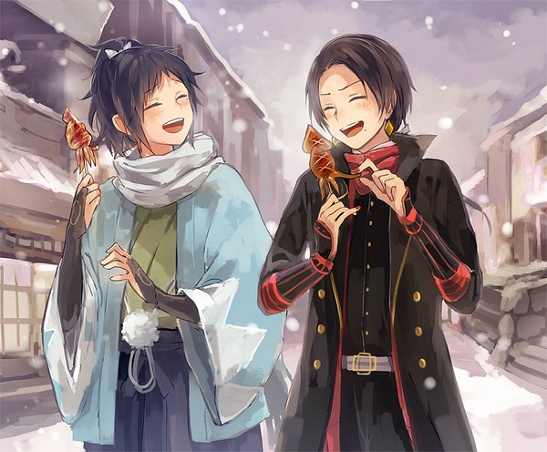 Anime picture 800x662 with touken ranbu nitroplus kashuu kiyomitsu yamato no kami yasusada nuriko-kun (artist) long hair blush short hair open mouth ponytail eyes closed nail polish traditional clothes japanese clothes mole multiple boys mole under eye snowing winter mole under mouth