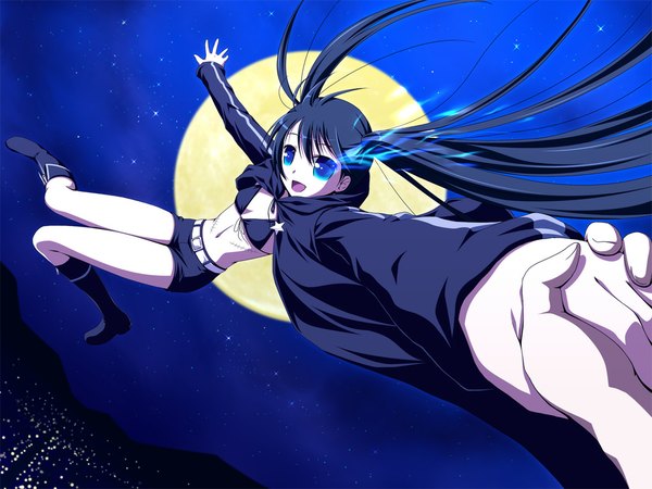 Anime picture 1024x768 with black rock shooter black rock shooter (character) xai long hair open mouth blue eyes black hair twintails night glowing holding hands scar glowing eye (eyes) girl shorts moon full moon bikini top