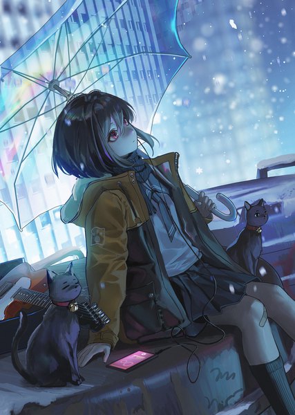 Anime picture 1500x2108 with original ttk (kirinottk) single tall image fringe short hair black hair hair between eyes red eyes sitting holding looking away outdoors long sleeves pleated skirt arm support open jacket city snowing snow