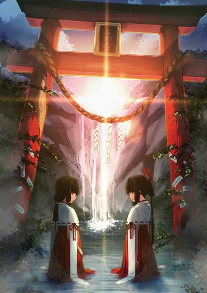 Anime picture 1500x2123 with original uyu (keyakinoki) long hair tall image looking at viewer black hair smile red eyes multiple girls traditional clothes japanese clothes profile blurry scan wet miko expressionless rock waterfall girl