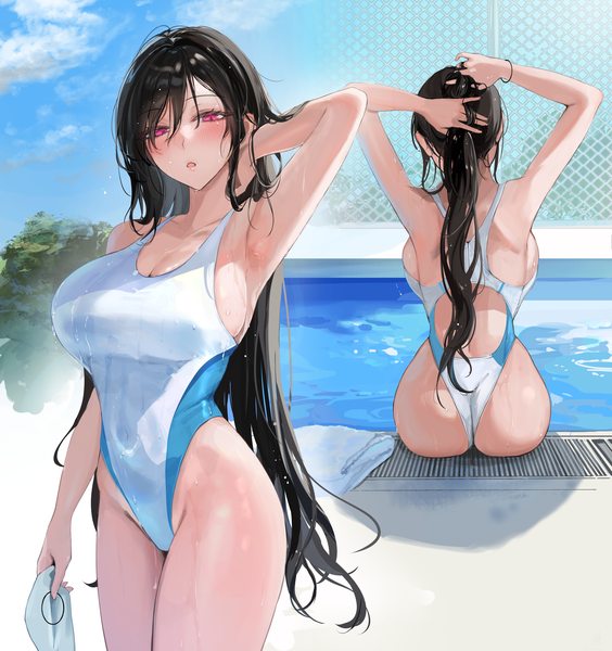 Anime picture 2640x2808 with original kandzume (kandume200) long hair tall image looking at viewer blush fringe highres breasts open mouth light erotic black hair hair between eyes large breasts standing sitting holding sky cleavage cloud (clouds)