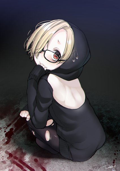 Anime picture 2503x3539 with idolmaster idolmaster cinderella girls shirasaka koume skull.03 single tall image looking at viewer blush fringe highres short hair simple background blonde hair red eyes signed bent knee (knees) parted lips looking back from above hair over one eye