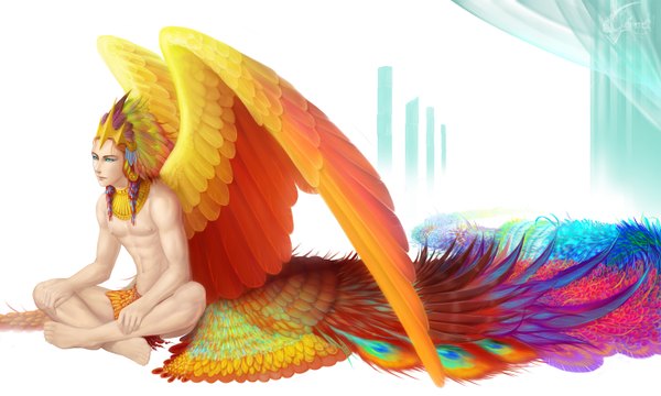 Anime picture 1400x840 with original garnetquyendinh single simple background brown hair wide image sitting tail barefoot aqua eyes topless muscle boy earrings wings feather (feathers) necklace native american headdress