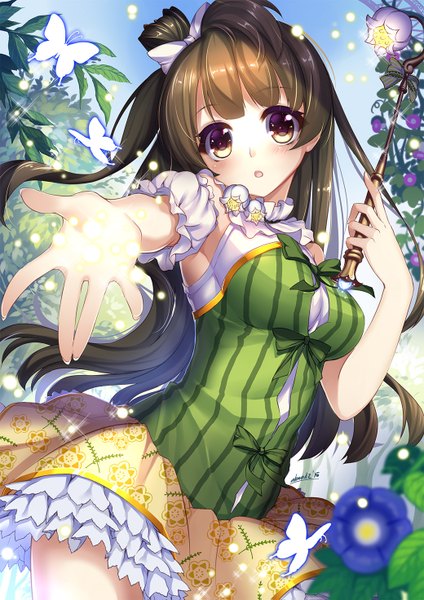 Anime picture 1040x1471 with love live! school idol project sunrise (studio) love live! minami kotori abondz single long hair tall image looking at viewer blush open mouth brown hair brown eyes one side up girl dress flower (flowers) insect butterfly morning glory