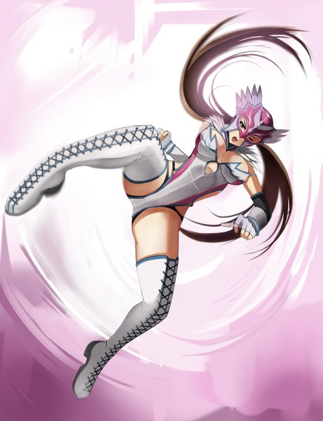 Anime picture 1000x1300 with tekken namco (studio) julia chang metalbolic (kinzo) single long hair tall image looking at viewer breasts open mouth light erotic brown hair large breasts brown eyes one eye closed wink girl boots thigh boots mask