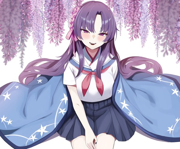 Anime picture 4972x4104 with blue archive yukari (blue archive) ritseya single long hair looking at viewer blush highres open mouth sitting purple eyes absurdres purple hair traditional clothes :d japanese clothes pleated skirt girl skirt uniform