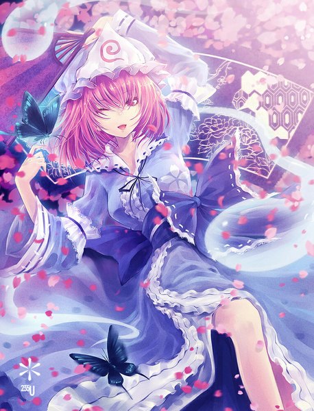 Anime picture 763x1000 with touhou saigyouji yuyuko kieta single tall image short hair open mouth smile pink hair japanese clothes one eye closed pink eyes wink cherry blossoms girl hat insect butterfly