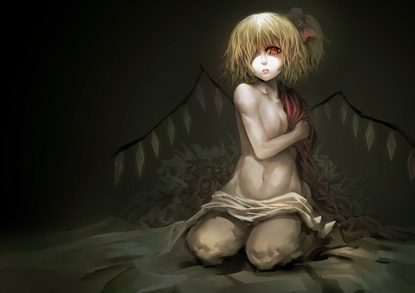 Anime picture 2100x1485 with touhou flandre scarlet madcocoon single looking at viewer fringe highres short hair light erotic blonde hair red eyes sitting bare shoulders ponytail hair over one eye bare belly undressing covering girl navel
