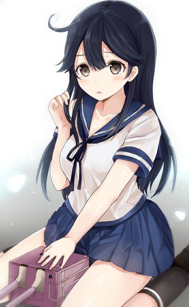 Anime picture 707x1150 with kantai collection ushio destroyer tagme (artist) single long hair tall image blush fringe light erotic black hair simple background white background sitting looking away ahoge parted lips black eyes grey eyes girl skirt