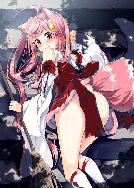 Anime picture 1036x1450 with original sakuragi ren single long hair tall image blush fringe light erotic brown eyes animal ears pink hair ahoge bent knee (knees) outdoors ass tail traditional clothes japanese clothes animal tail wide sleeves