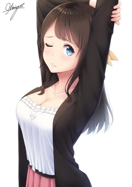 Anime picture 2508x3541 with ryuuou no oshigoto! rokuroba tamayo ochiai miyabi single long hair tall image looking at viewer highres breasts blue eyes light erotic simple background brown hair large breasts white background signed cleavage pleated skirt one eye closed arms up