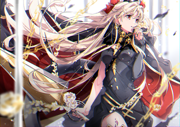 Anime picture 4093x2894 with fate (series) fate/grand order ereshkigal (fate) c.reo single fringe highres blonde hair hair between eyes red eyes standing holding looking away absurdres long sleeves very long hair blurry two side up fur trim floating hair