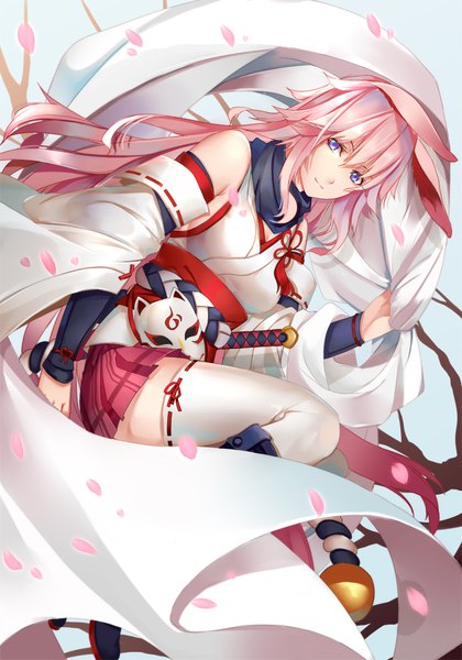 Anime picture 800x1143 with honkai impact 3rd benghuai xueyuan honkai (series) yae sakura iceky single long hair tall image looking at viewer purple eyes animal ears pink hair bent knee (knees) long sleeves pleated skirt bunny ears cherry blossoms bare tree girl thighhighs