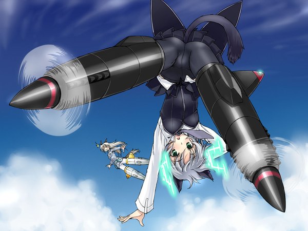 Anime picture 1600x1200 with strike witches sanya v. litvyak eila ilmatar juutilainen satou atsuki long hair looking at viewer short hair open mouth light erotic multiple girls green eyes animal ears sky silver hair cloud (clouds) tail animal tail pleated skirt wallpaper arm behind head