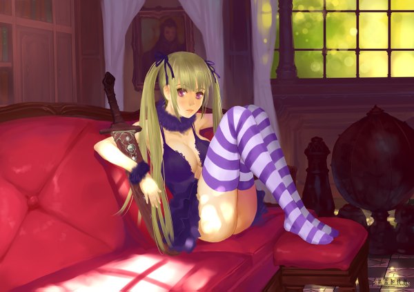 Anime picture 1200x847 with original ariver kao single long hair looking at viewer breasts light erotic blonde hair twintails pink eyes girl thighhighs weapon sword striped thighhighs couch