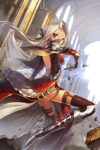 Anime picture 800x1200 with original ritsuki single long hair tall image red eyes standing bent knee (knees) looking back grey hair from behind back girl thighhighs dress gloves weapon black thighhighs sword elbow gloves