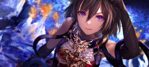 Anime picture 1345x604 with original jname single looking at viewer short hair brown hair wide image purple eyes hand on head girl dress gloves black gloves elbow gloves ice