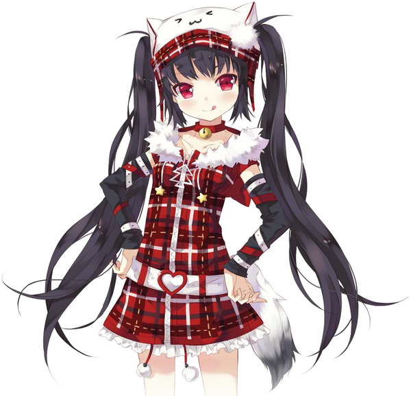 Anime picture 882x851 with pangya kooh nyanya single long hair looking at viewer blush fringe black hair simple background smile red eyes standing white background animal ears tail animal tail cat ears cat girl cat tail